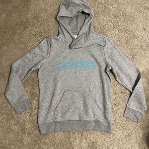 Grey Adidas hoodie with light blue lettering. Size medium. Fuzzy on the inside!